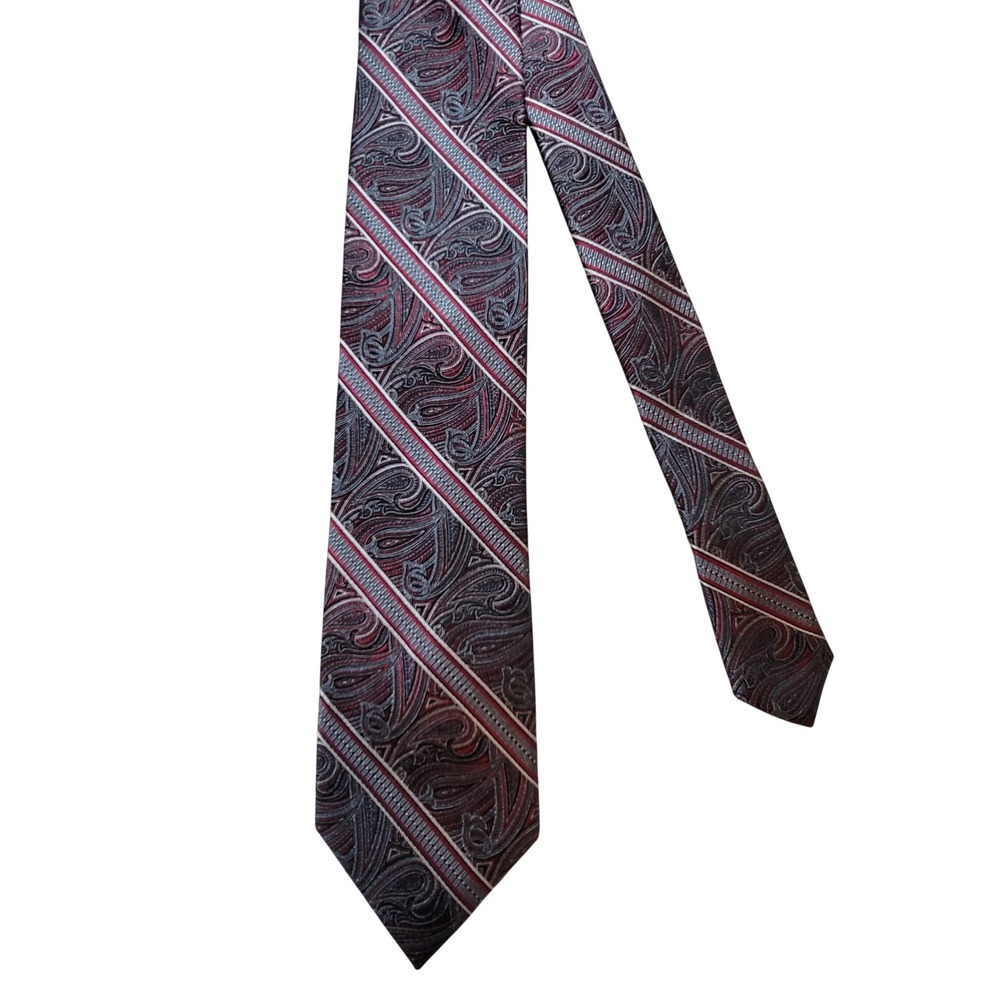 Pronto Uomo Couture Tie Mens OS Burgundy Grey Paisley Striped Silk Hand Made